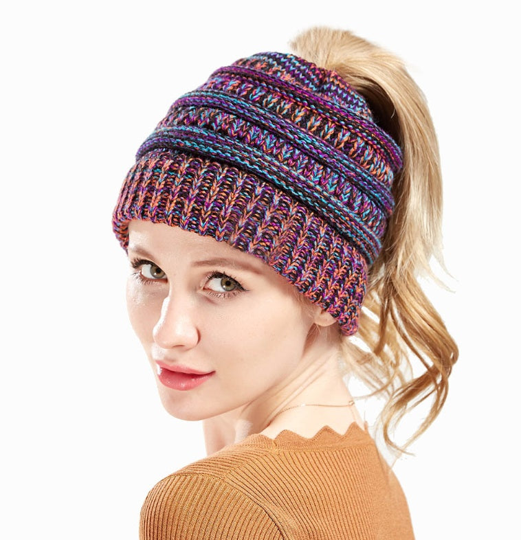 Mixed Color Knitted Wool Hat Ladies Non-labeled Ponytail Hat | LUXETHREAD 