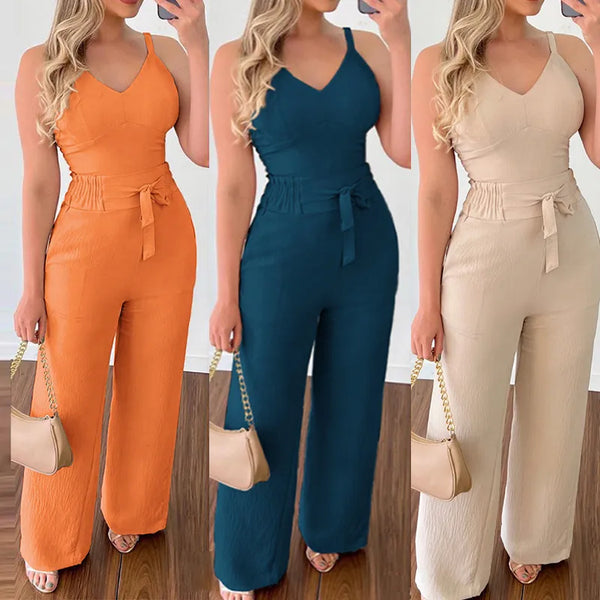 Women's Solid Color Slim Elastic Pleated Two-Piece Suit Sexy Spaghetti Strap V-neck Backless Vest High Waist Wide Leg Pants Suit