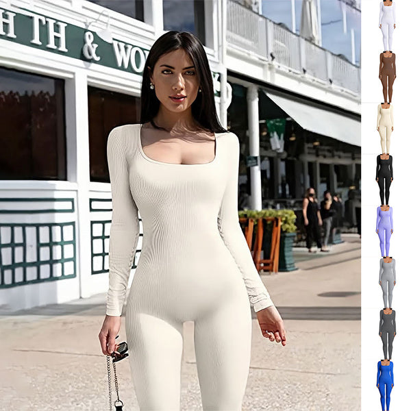 Women's Yoga Sports Fitness Jumpsuit Workout Long Sleeve Square Collar Clothing | LUXETHREAD