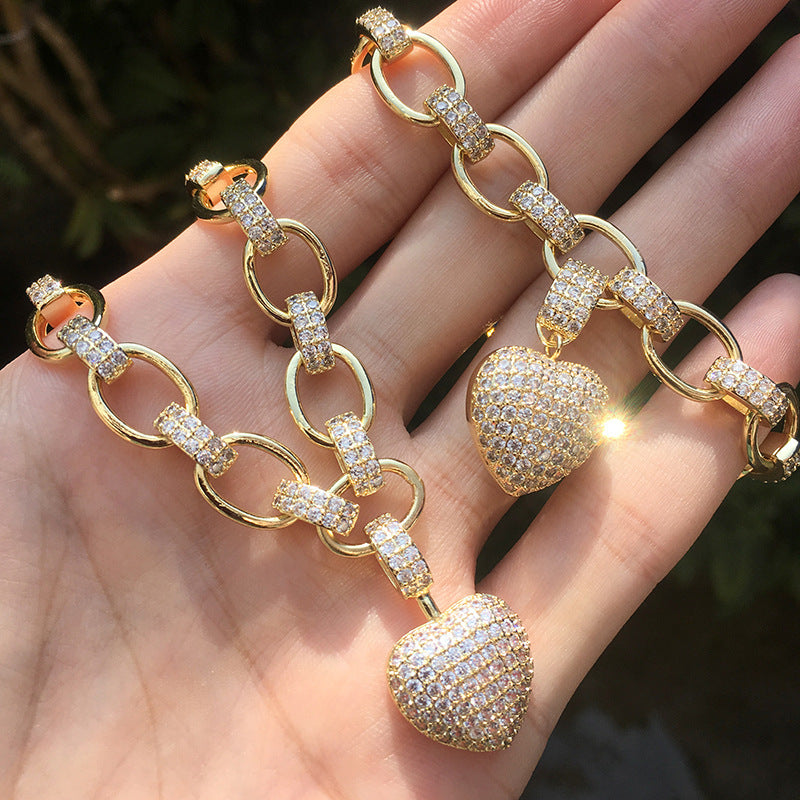 Micro Inlaid Heart-Shaped Necklace And Bracelet Set | LUXETHREAD 