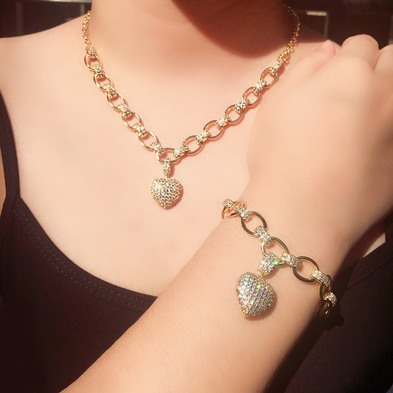 Micro Inlaid Heart-Shaped Necklace And Bracelet Set | LUXETHREAD 