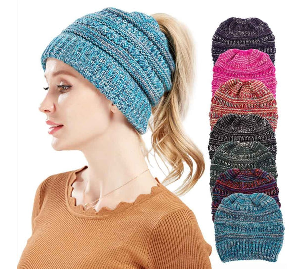 Mixed Color Knitted Wool Hat Ladies Non-labeled Ponytail Hat | LUXETHREAD 