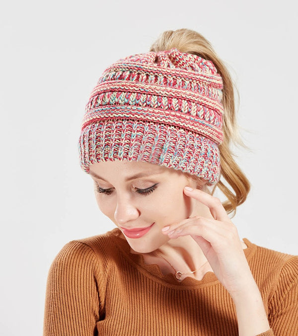 Mixed Color Knitted Wool Hat Ladies Non-labeled Ponytail Hat | LUXETHREAD 