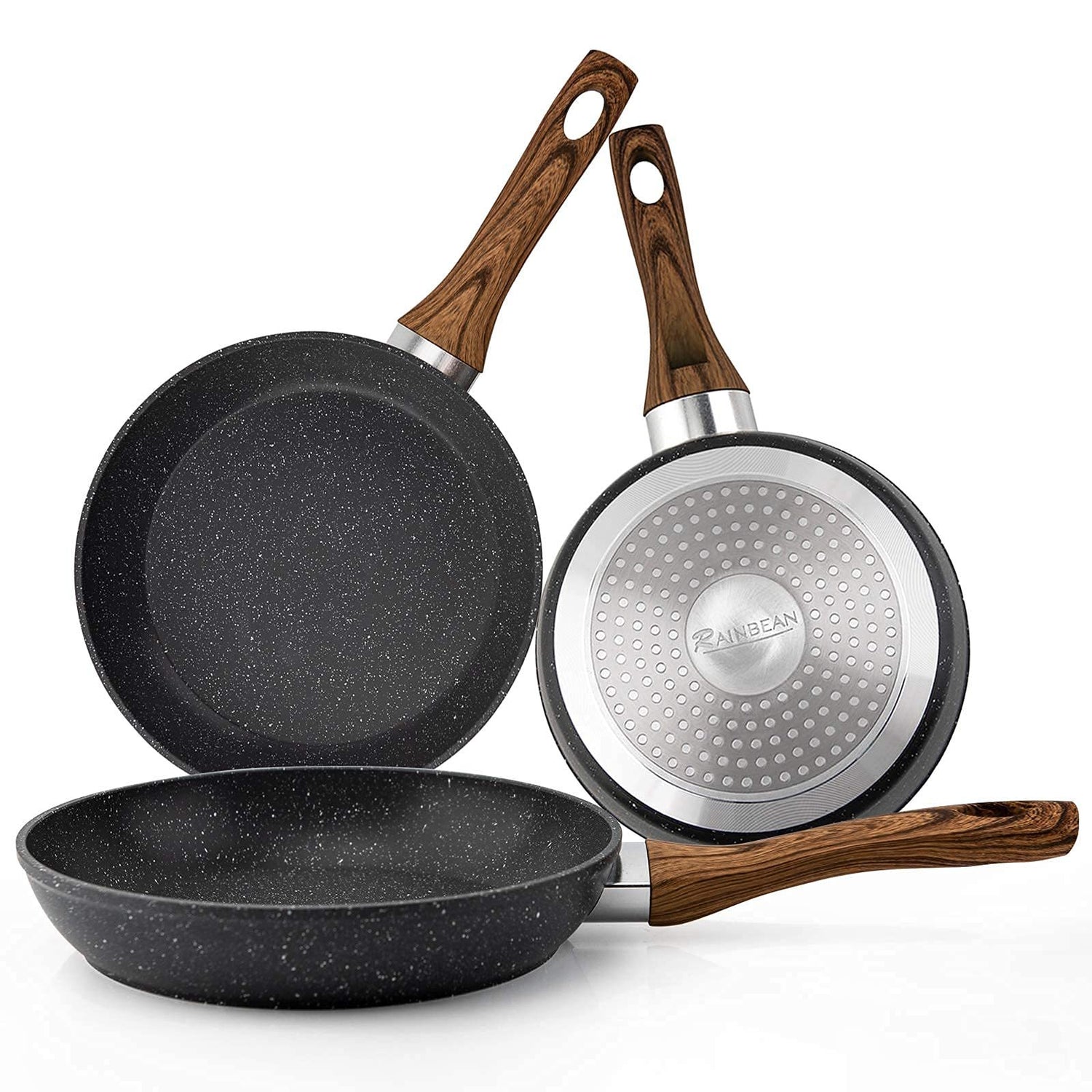 Frying Pan Set 3-Piece Nonstick Saucepan Woks Cookware Set,Heat-Resistant Ergonomic Wood Effect Bakelite Handle Design,PFOA Free| LUXETHREAD