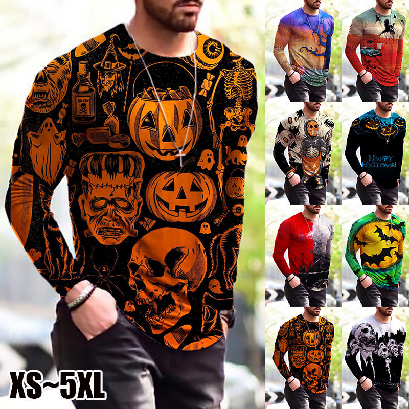 Halloween Autumn And Winter Men S Print Simple Long-Sleeved T Shirt | LUXETHREAD