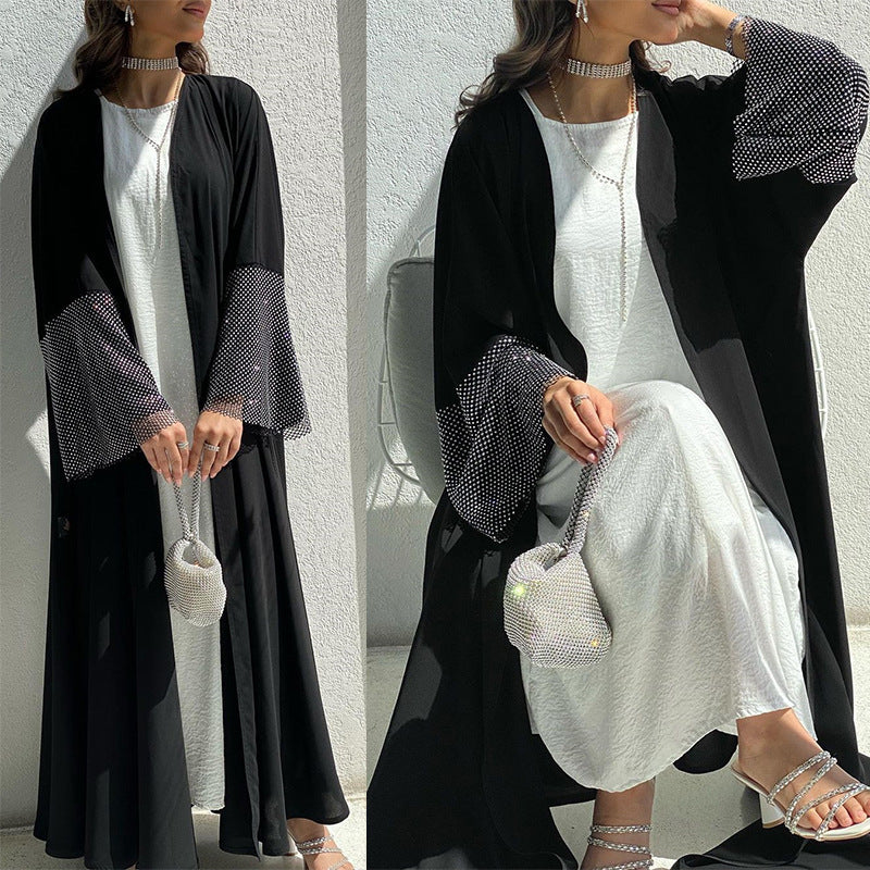 MQ085 Cardigan Abaya Muslim Cross-border Stretch Diamond Mesh Robe | LUXETHREAD 