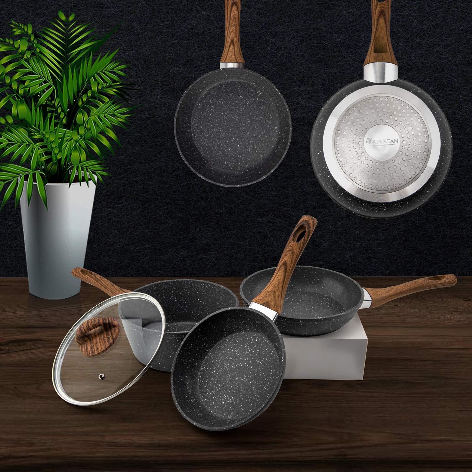 Frying Pan Set 3-Piece Nonstick Saucepan Woks Cookware Set,Heat-Resistant Ergonomic Wood Effect Bakelite Handle Design,PFOA Free| LUXETHREAD