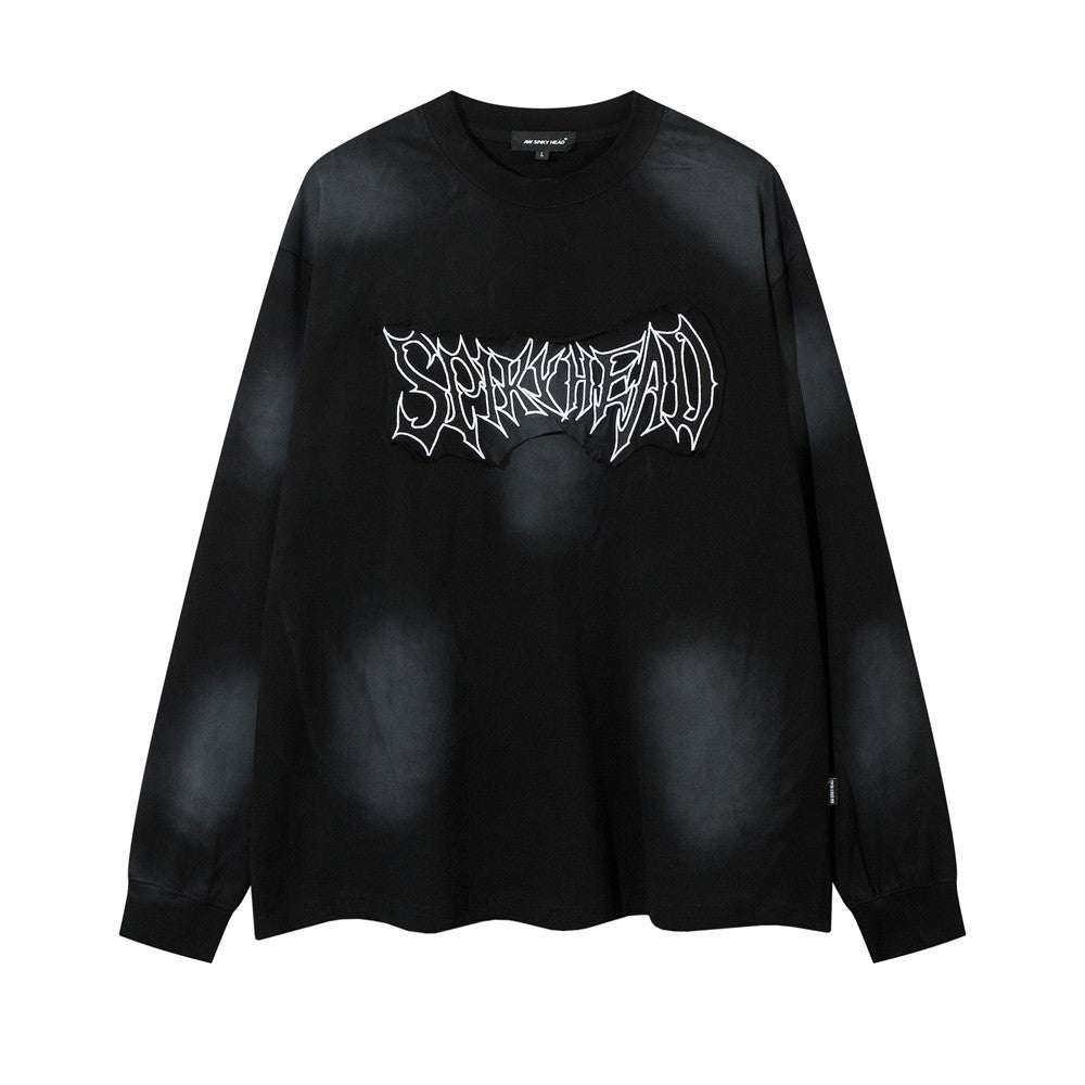 Dark Gothic Letter Affixed Cloth Embroidered Long Sleeve T-shirt For Men | LUXETHREAD