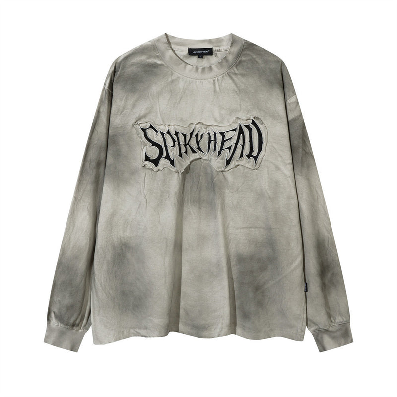 Dark Gothic Letter Affixed Cloth Embroidered Long Sleeve T-shirt For Men | LUXETHREAD