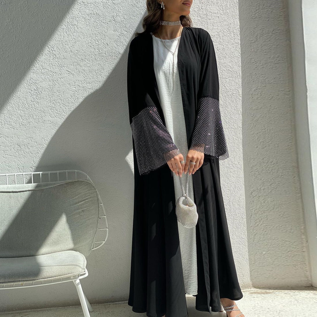 MQ085 Cardigan Abaya Muslim Cross-border Stretch Diamond Mesh Robe | LUXETHREAD 