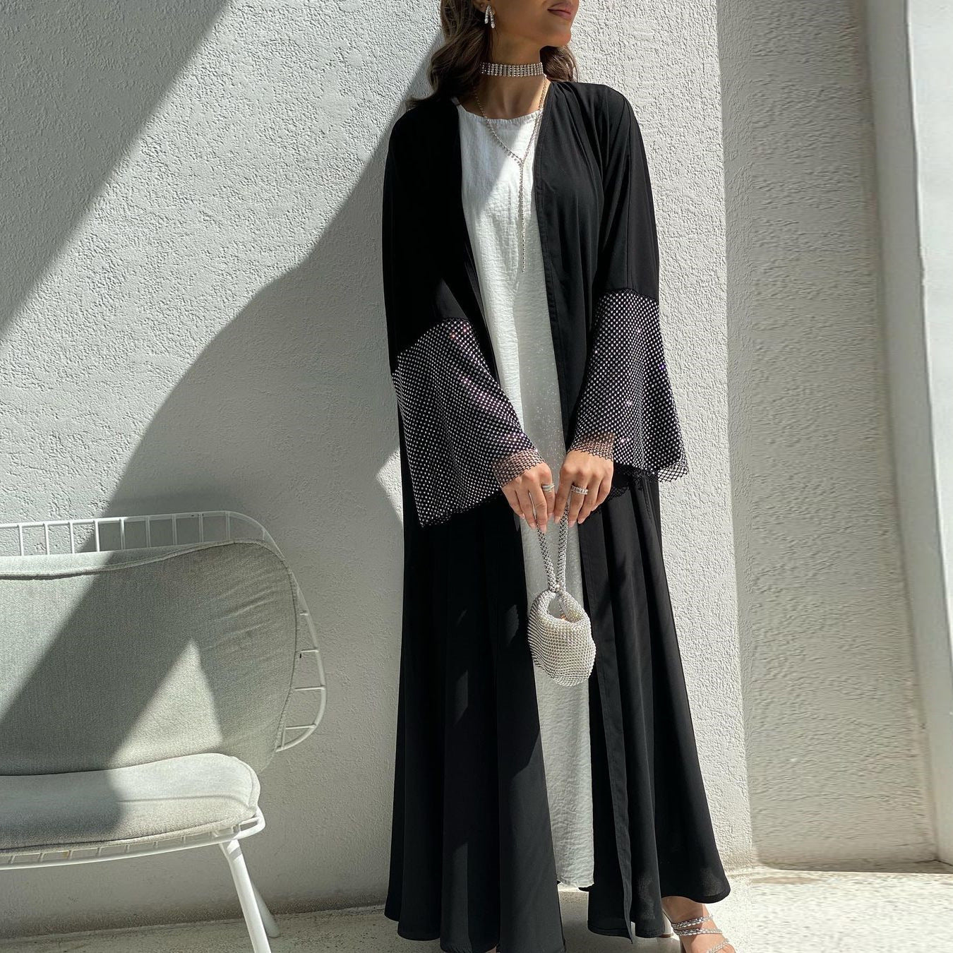 MQ085 Cardigan Abaya Muslim Cross-border Stretch Diamond Mesh Robe | LUXETHREAD 