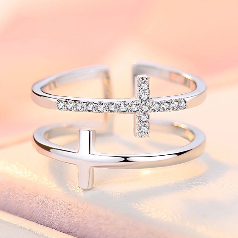 Double Cross Miniature Copper Inlaid Zircon Ring | LUXETHREAD