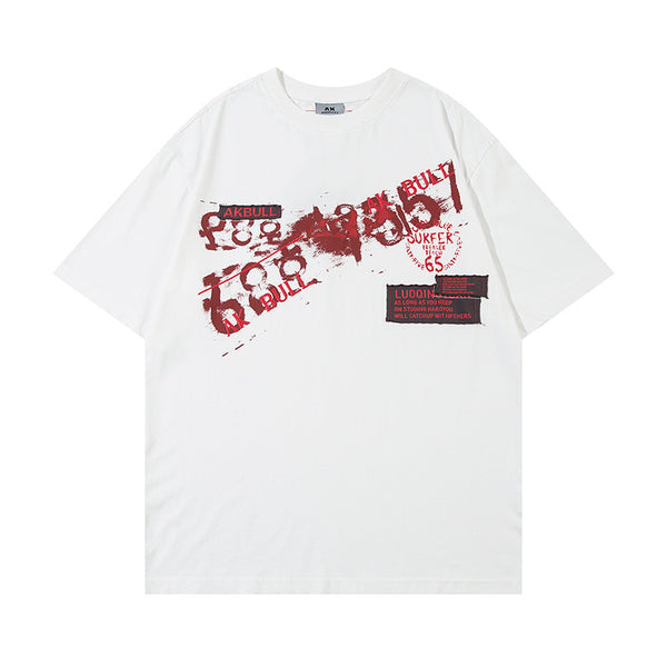 Letter Affixed Cloth Embroidered Printed Short Sleeve Men | LUXETHREAD