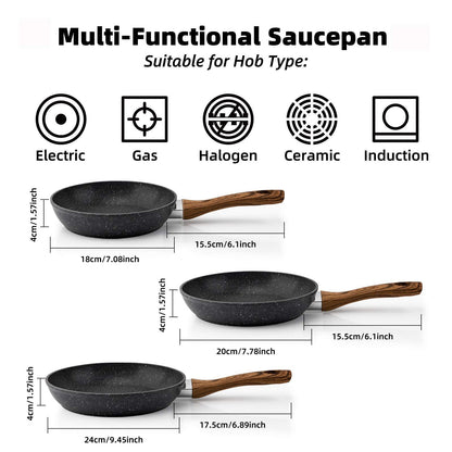 Frying Pan Set 3-Piece Nonstick Saucepan Woks Cookware Set,Heat-Resistant Ergonomic Wood Effect Bakelite Handle Design,PFOA Free| LUXETHREAD